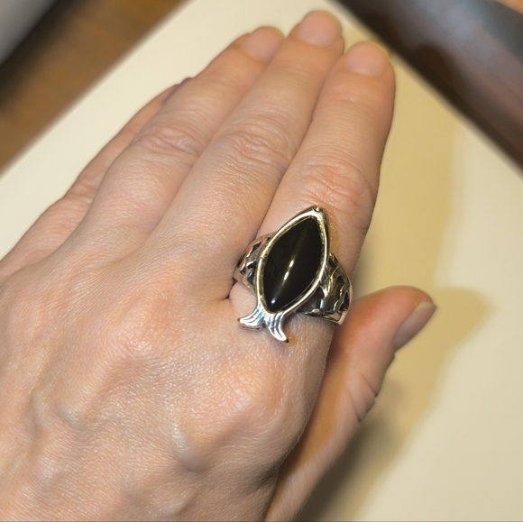 Large Textured Fish Black Onyx Sterling Silver Men Unisex Ring Size 10 - Picture 13 of 17